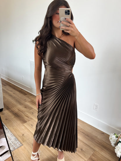 Metallic Pleated Midi Dress