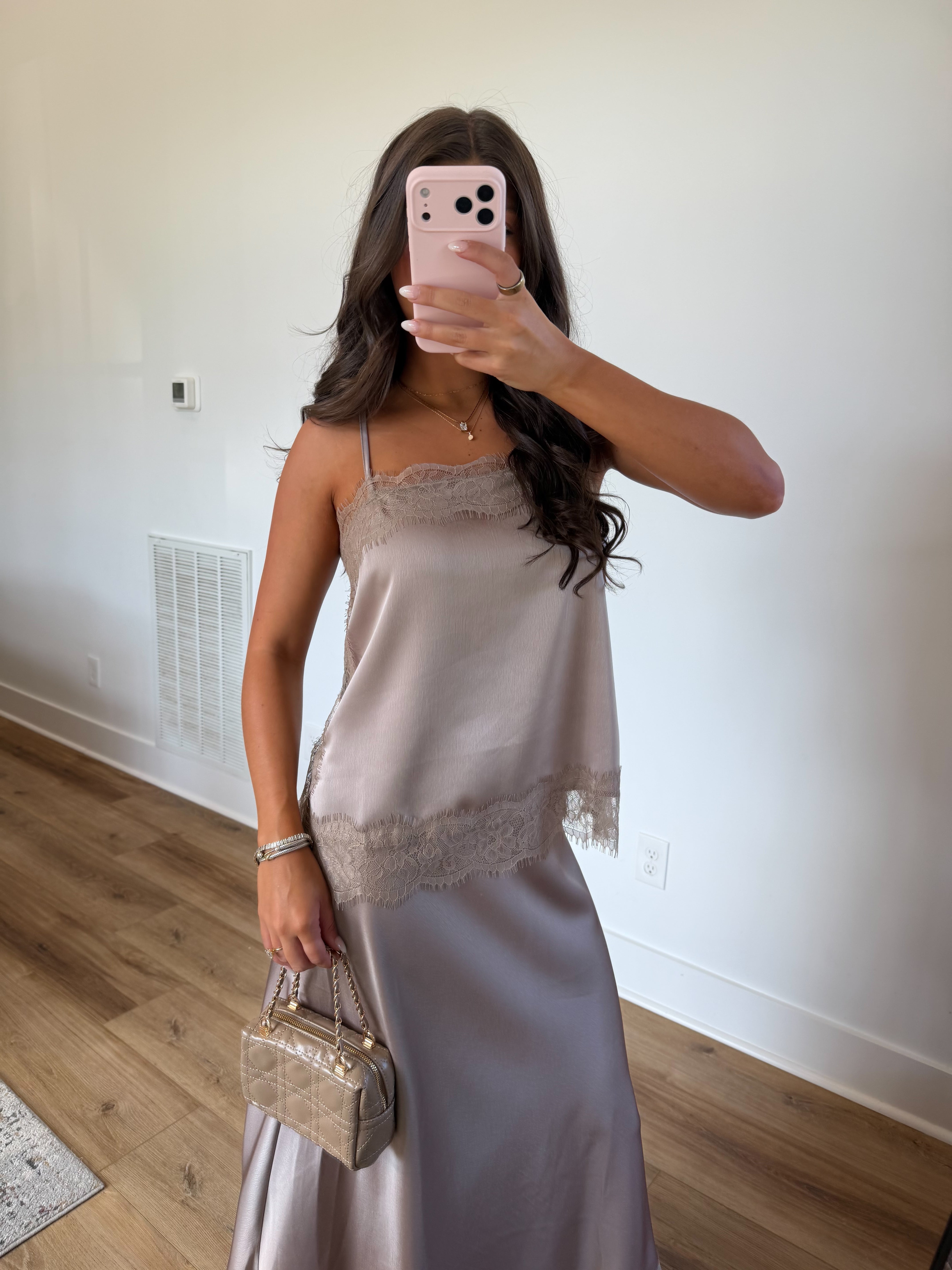 Taupe Satin Lace Trim Set