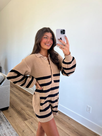 (Brown) Stripe Knit Romper