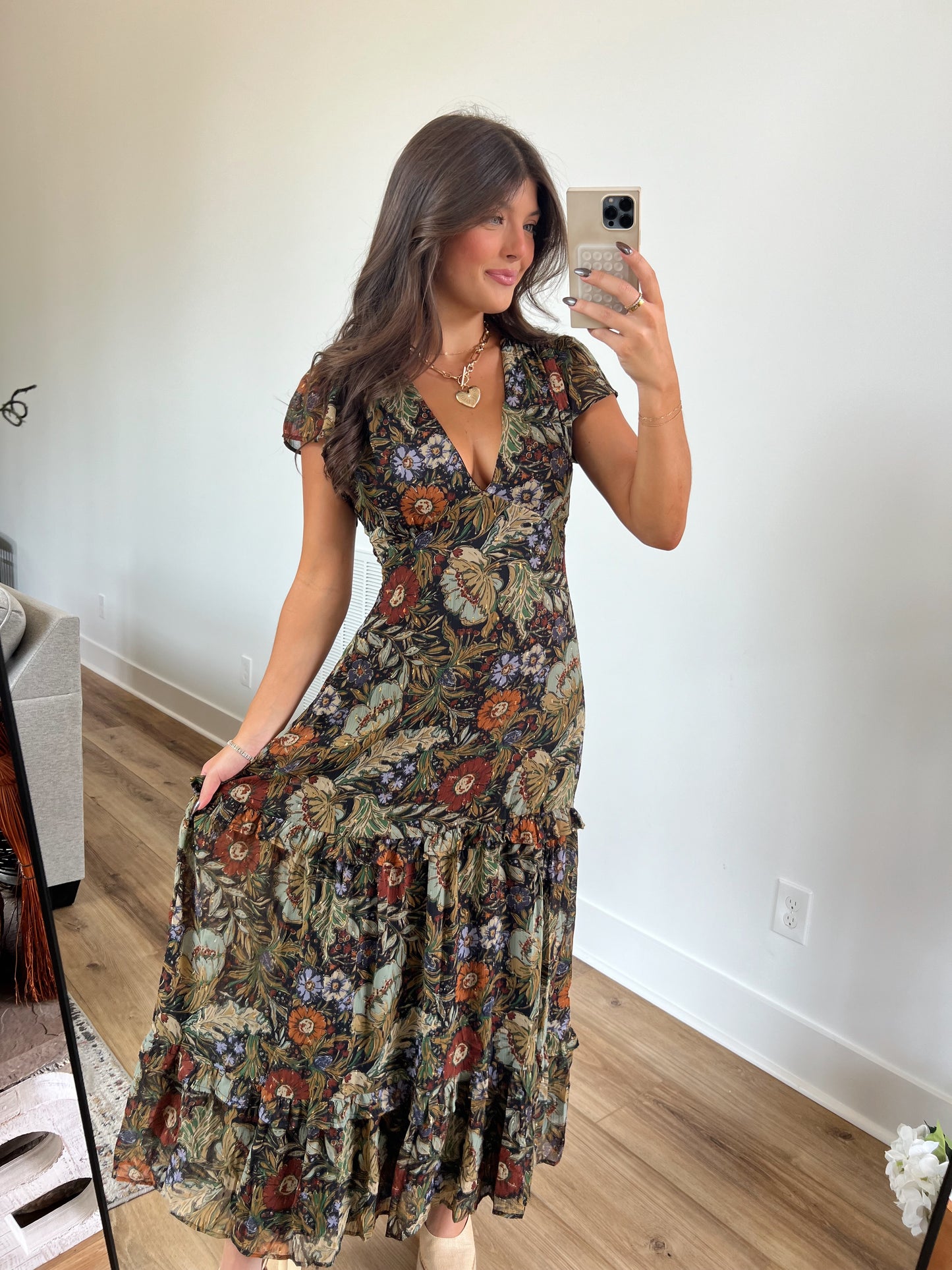 Fall Floral Flutter Sleeve Maxi Skirt