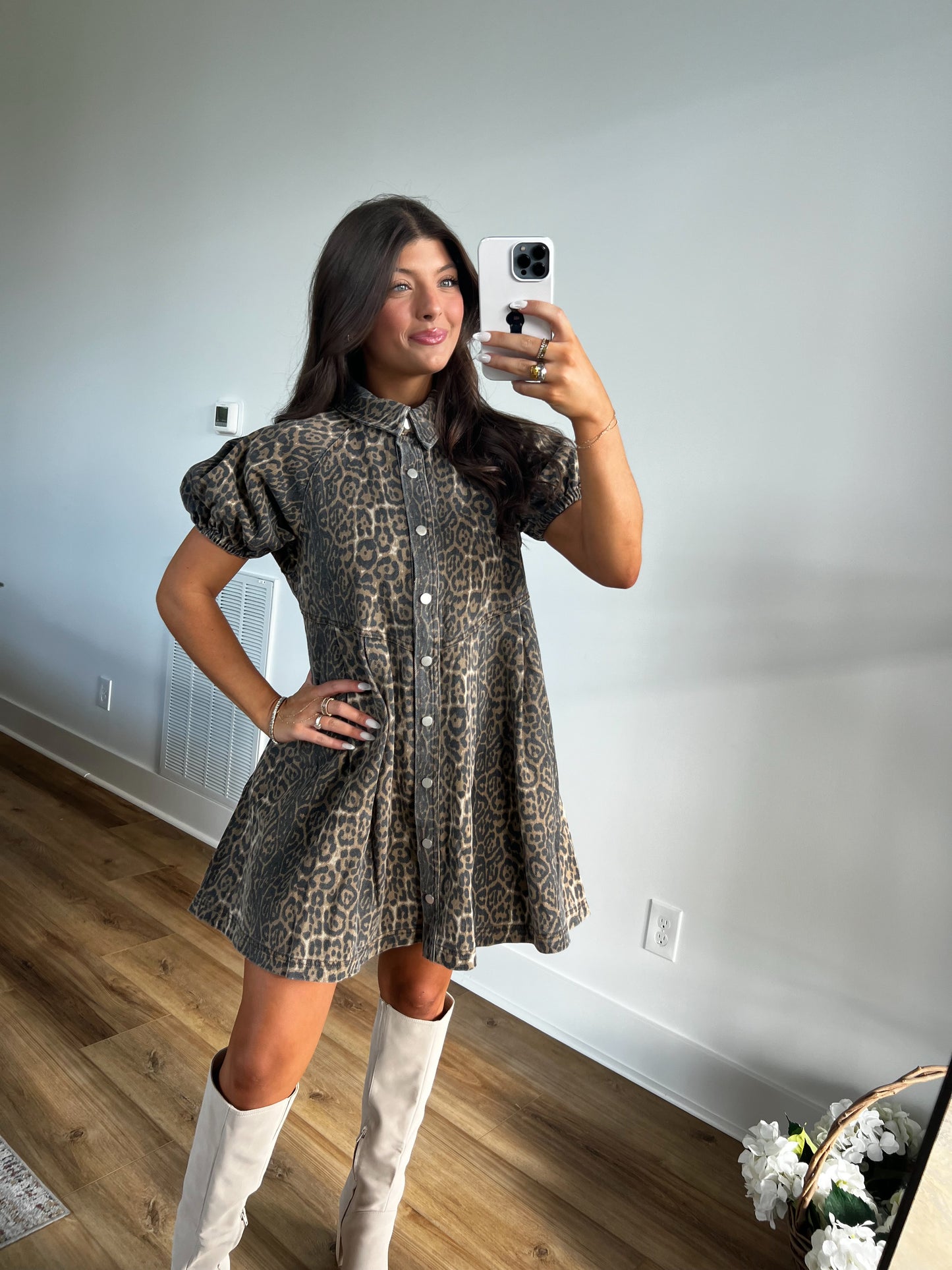 Cheetah Bubble Sleeve Button Up Dress