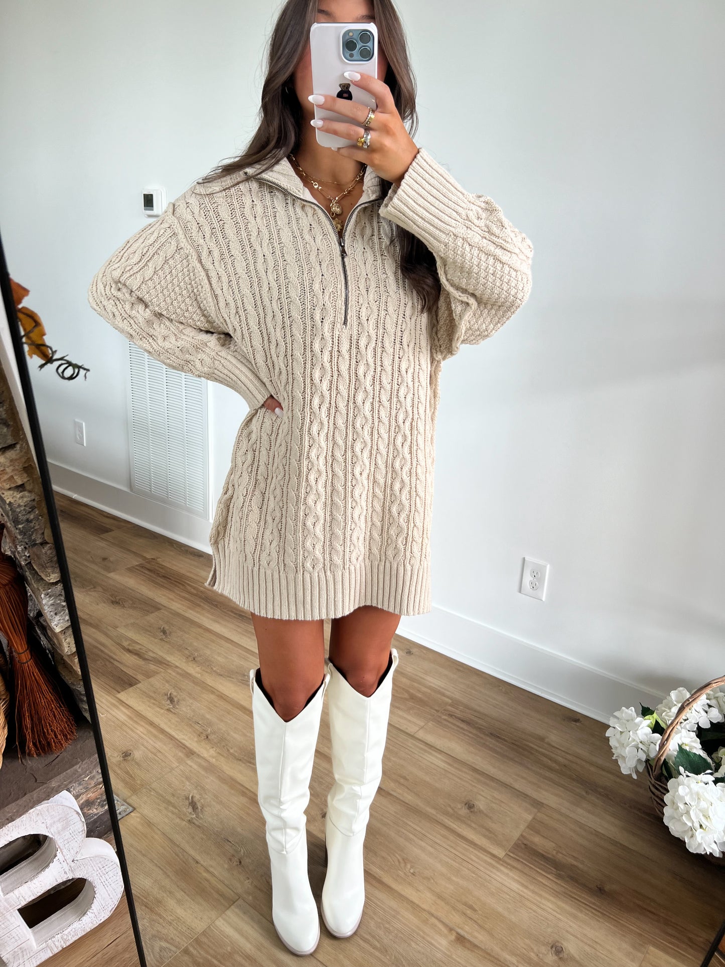 Cream Cable Knit Sweater Dress