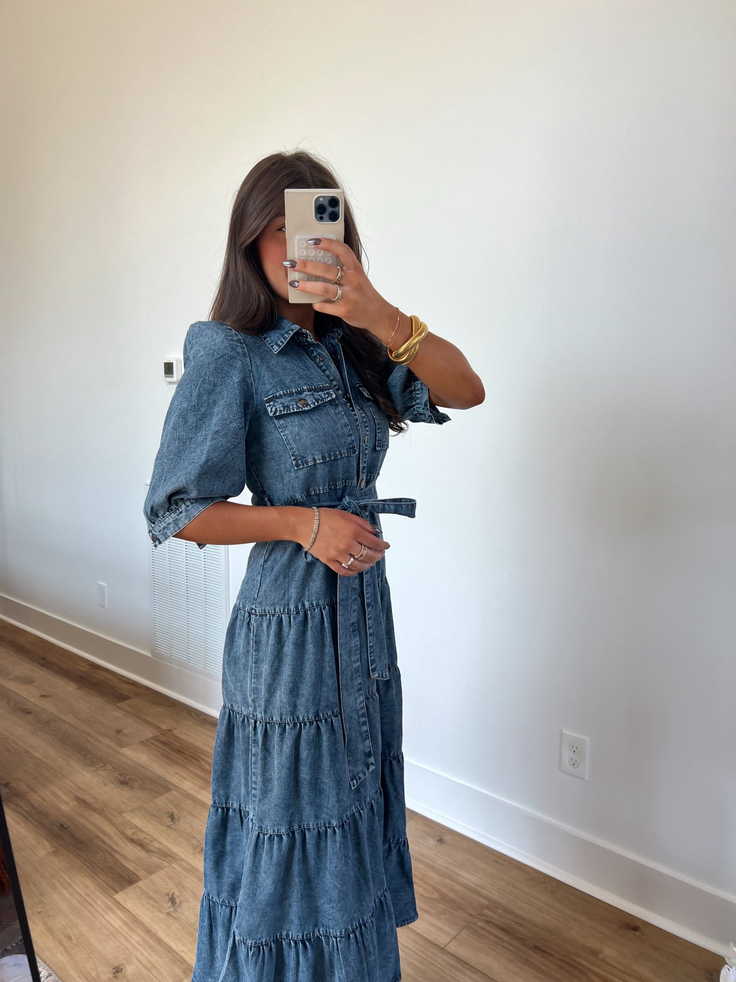 Denim Tiered Midi Dress