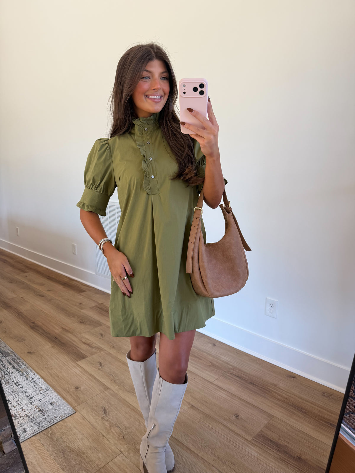 Olive Green Ruffle Collar Mini Dress