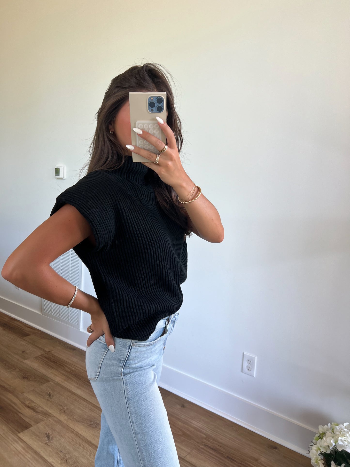 Power Shoulder Sweater Top (Black)