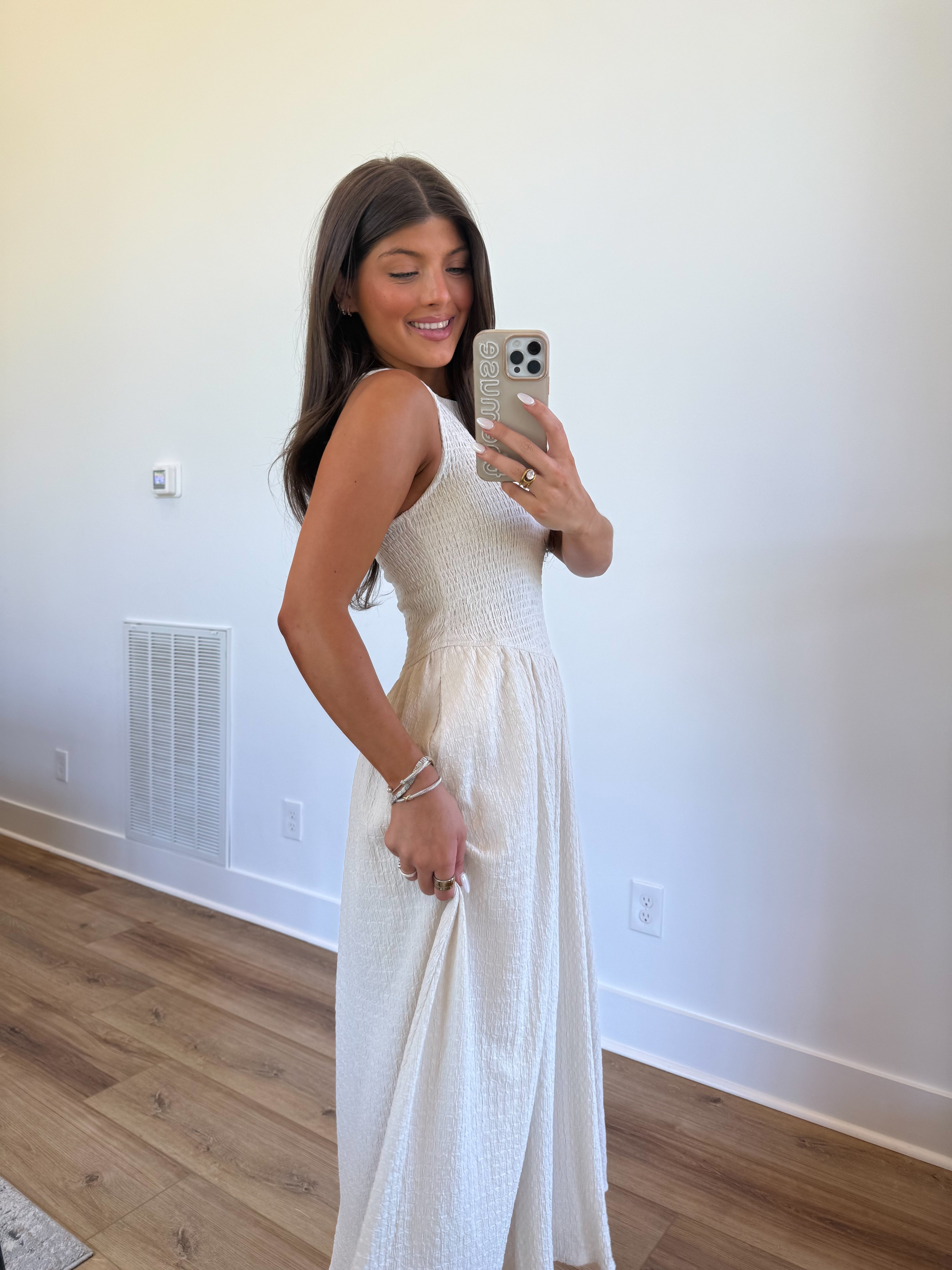 Smocked Cream Midi Dress