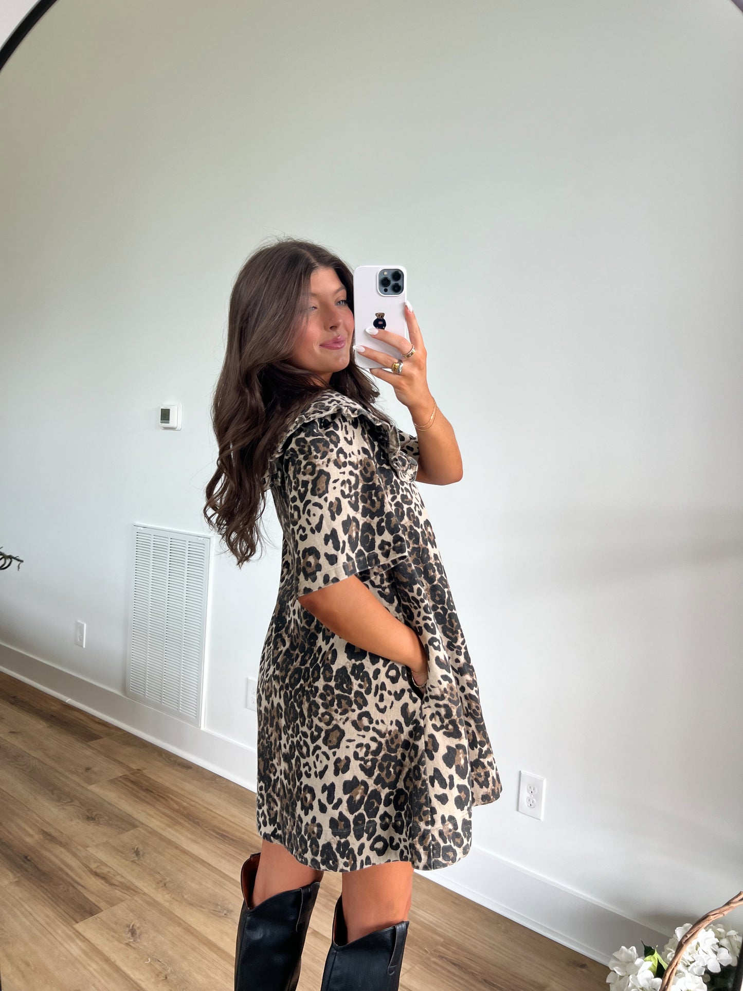 Cheetah Denim Peter Pan Mini Dress