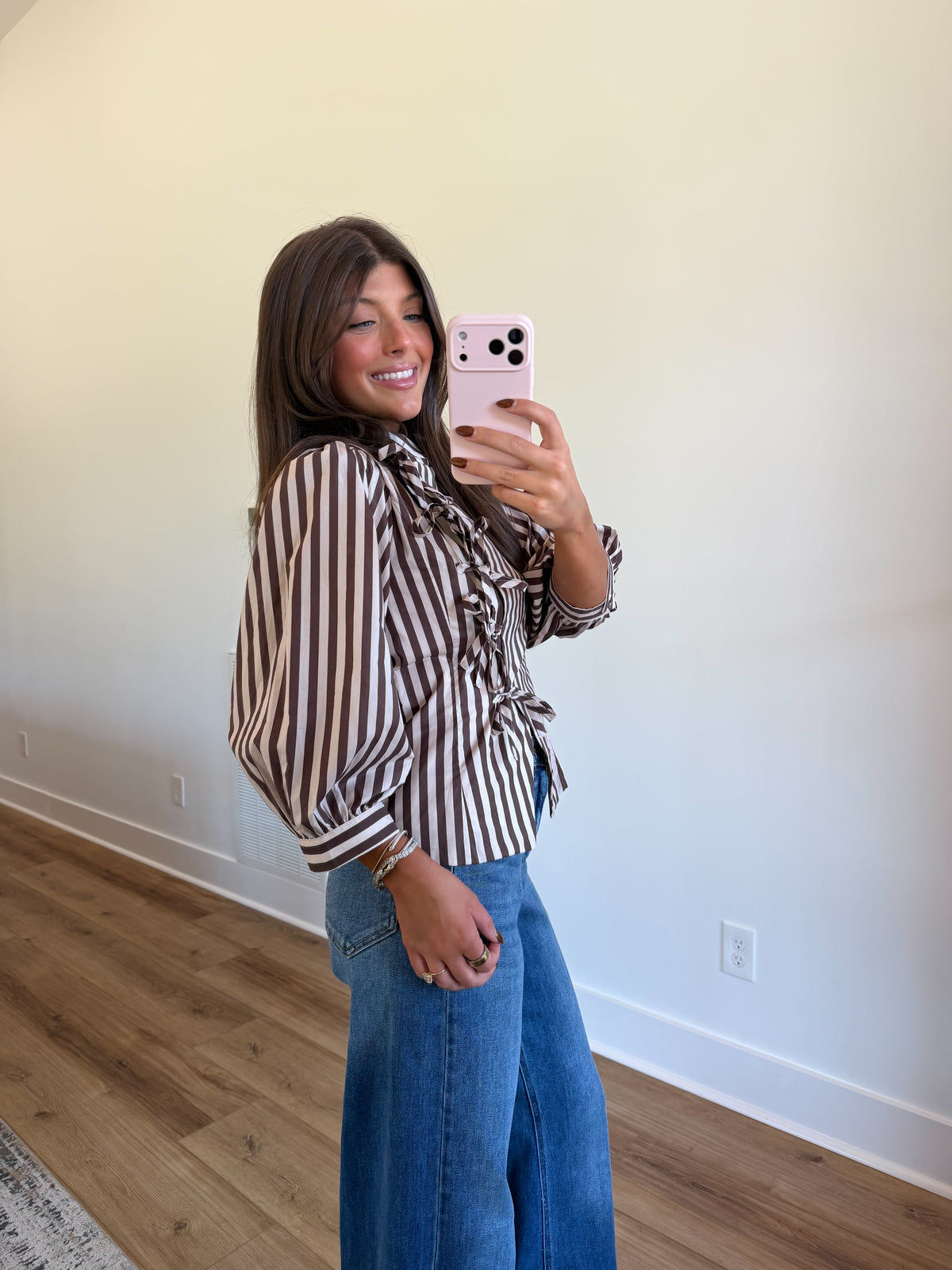 Striped Bow Front Blouse (Navy/Brown)