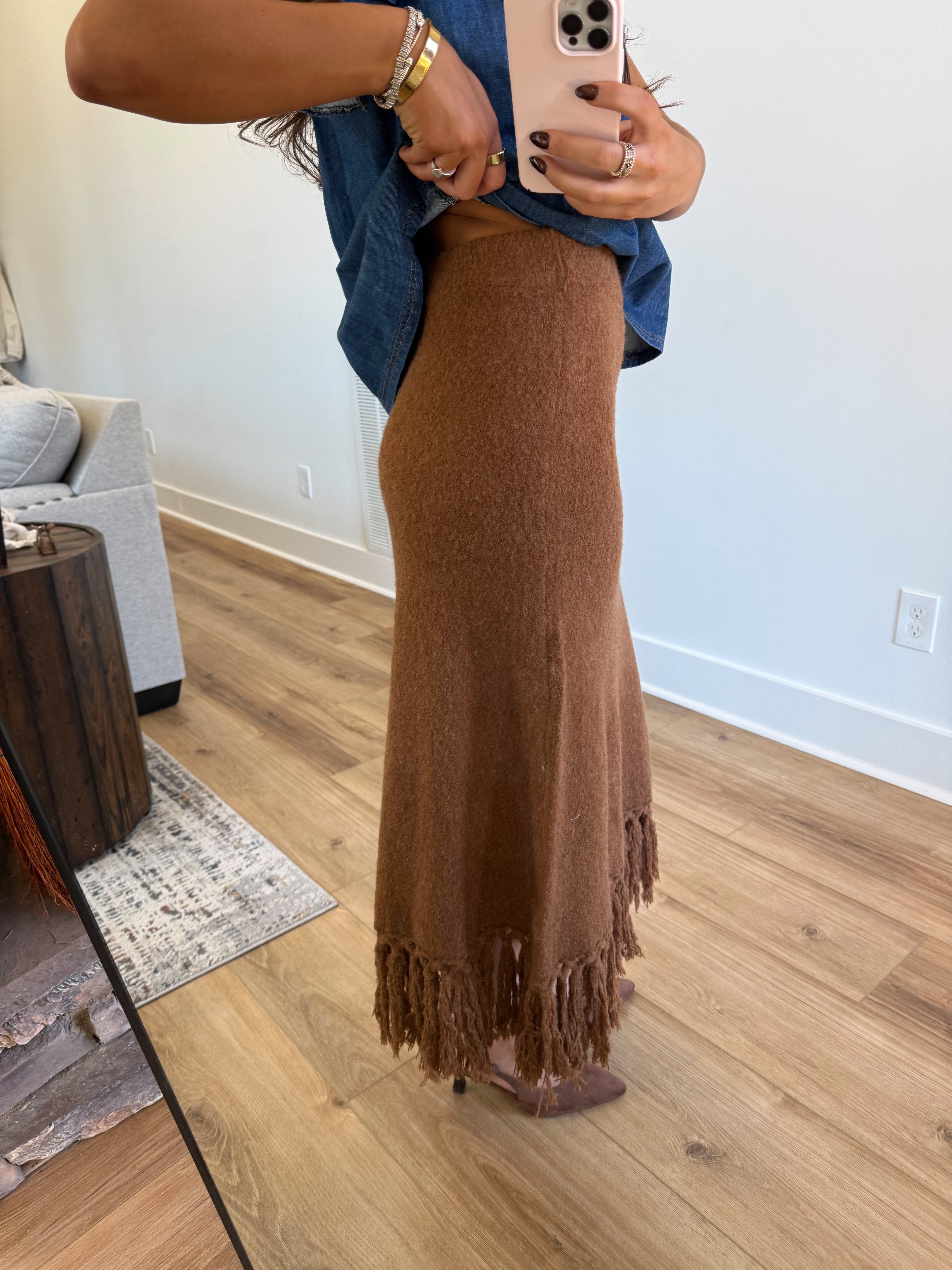 The Caramel Knit Fringe Skirt