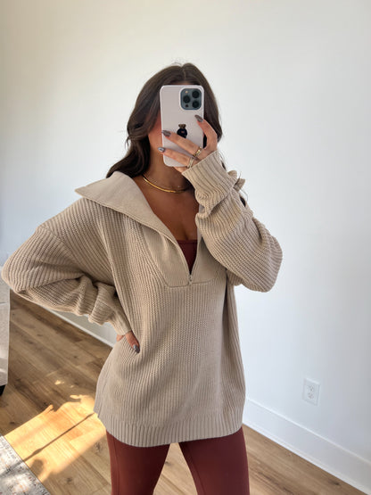 Taupe Cozy Ribbed Quarter Zip