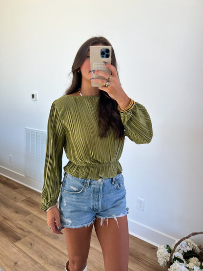 Green Pleated Open Back Blouse