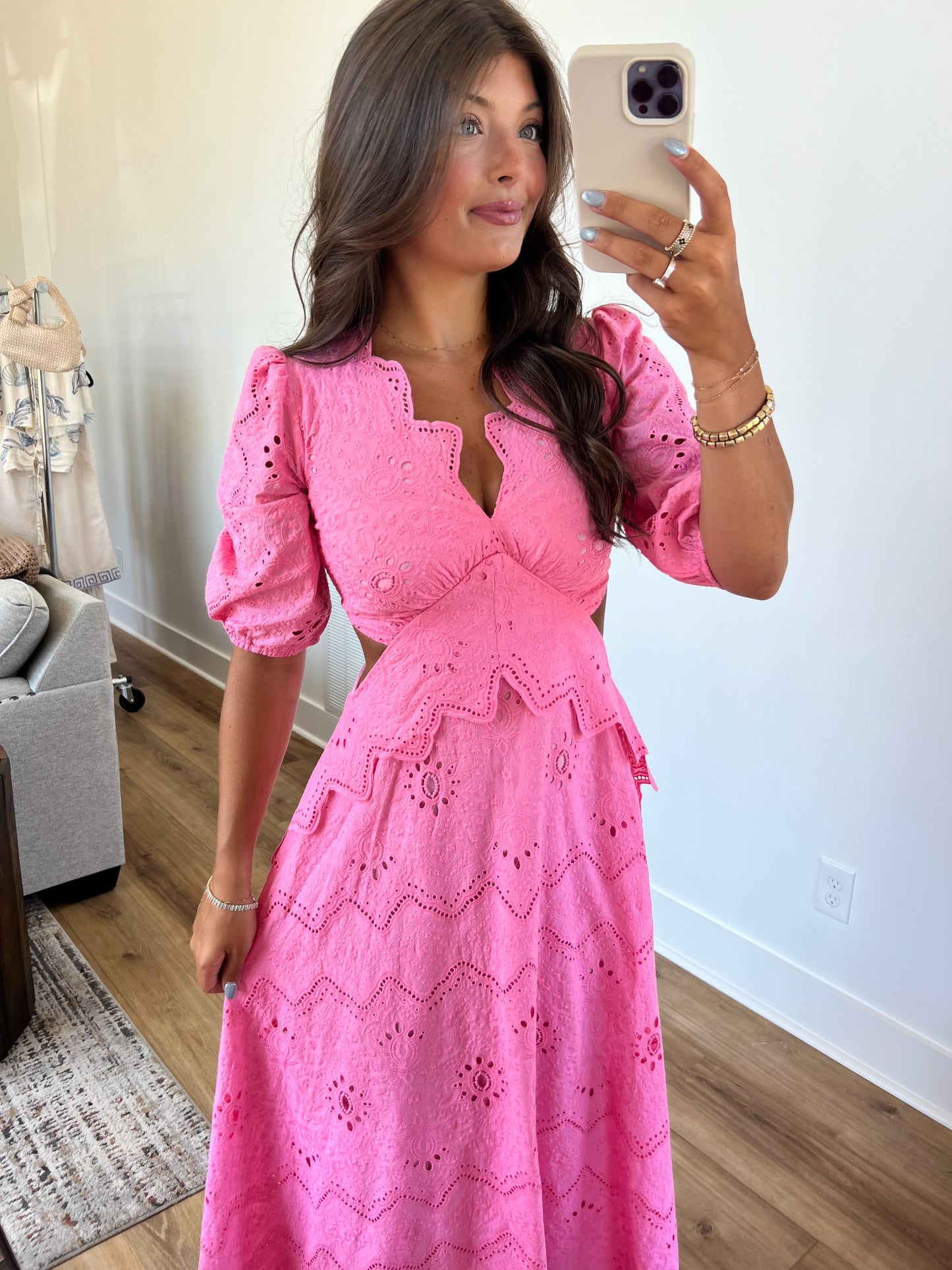 Pink Eyelet Puff Sleeve Maxi Dress