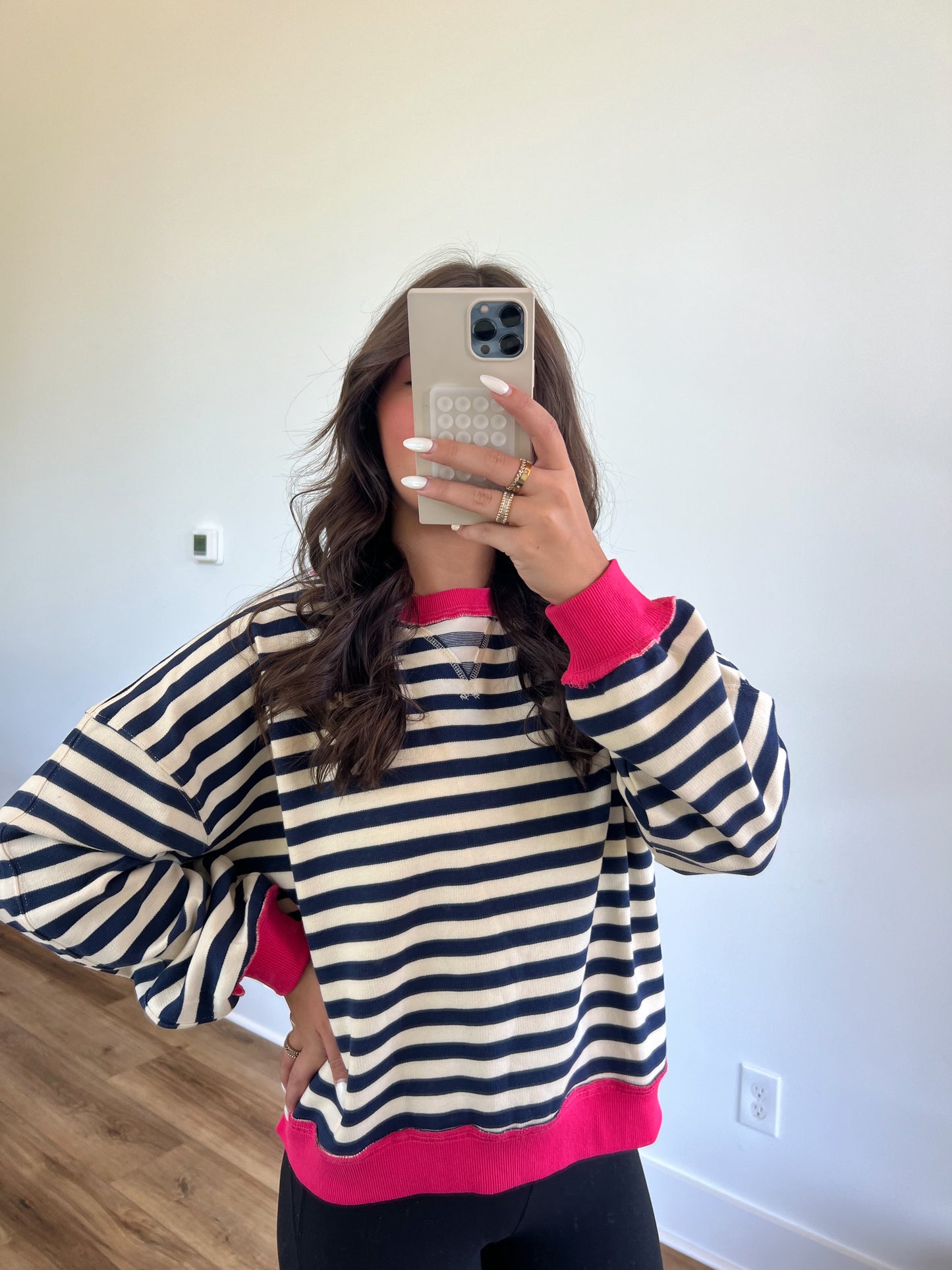 Stripe Colorblock Crewneck (Navy/Hot Pink)