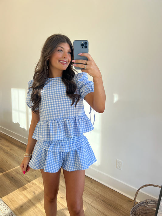 Baby Blue Plaid Ruffle Skort Set