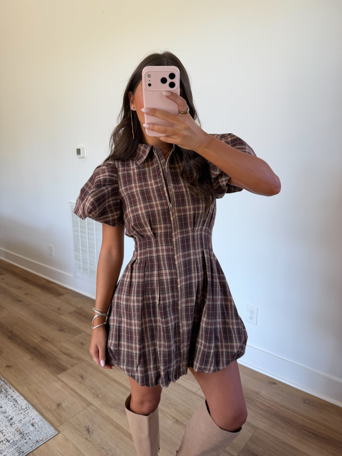 Puff & Plaid Mini Dress
