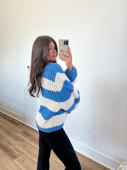 Blue Oversized Fluffy Stripe Sweater