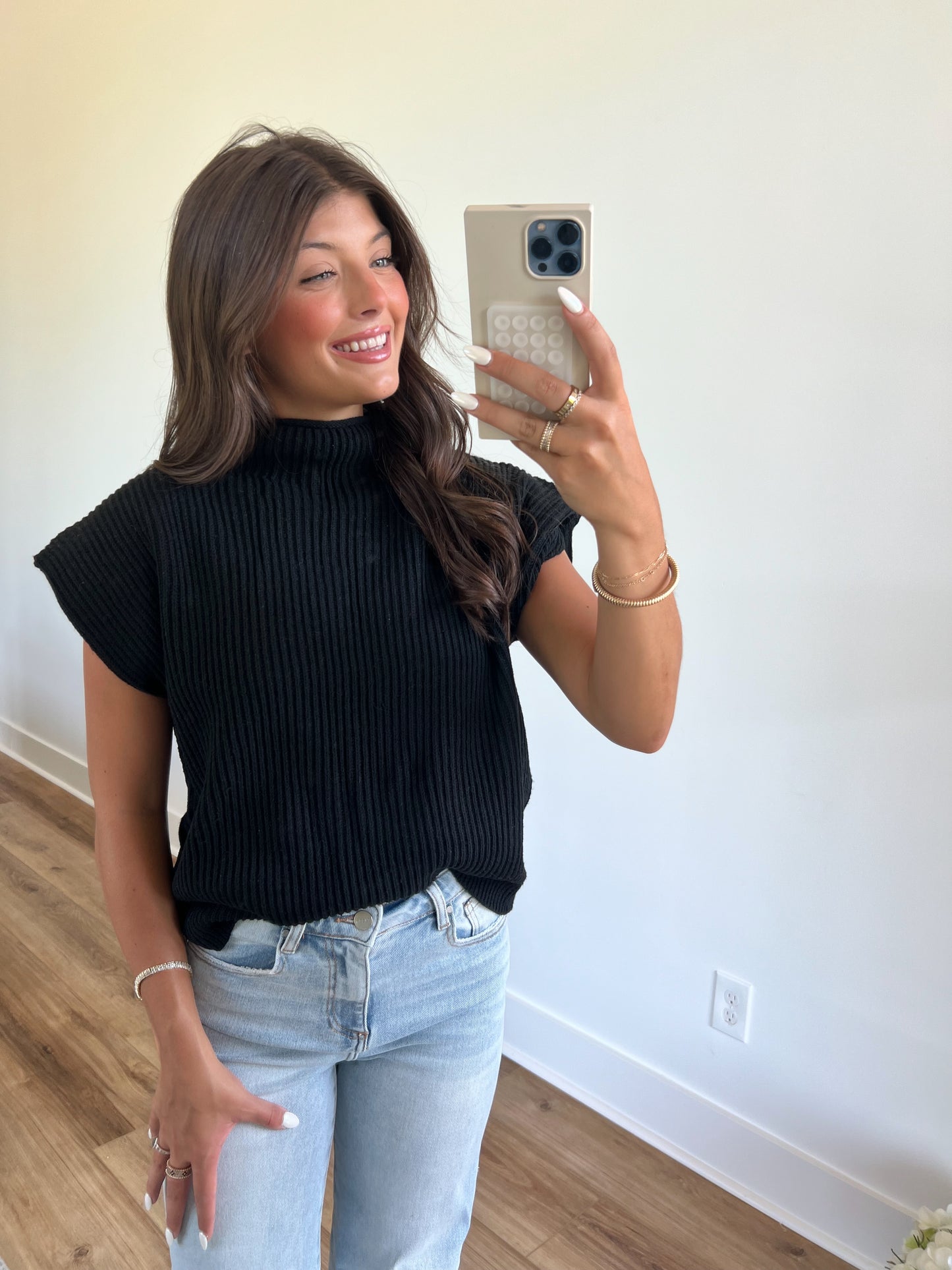 Power Shoulder Sweater Top (Black)