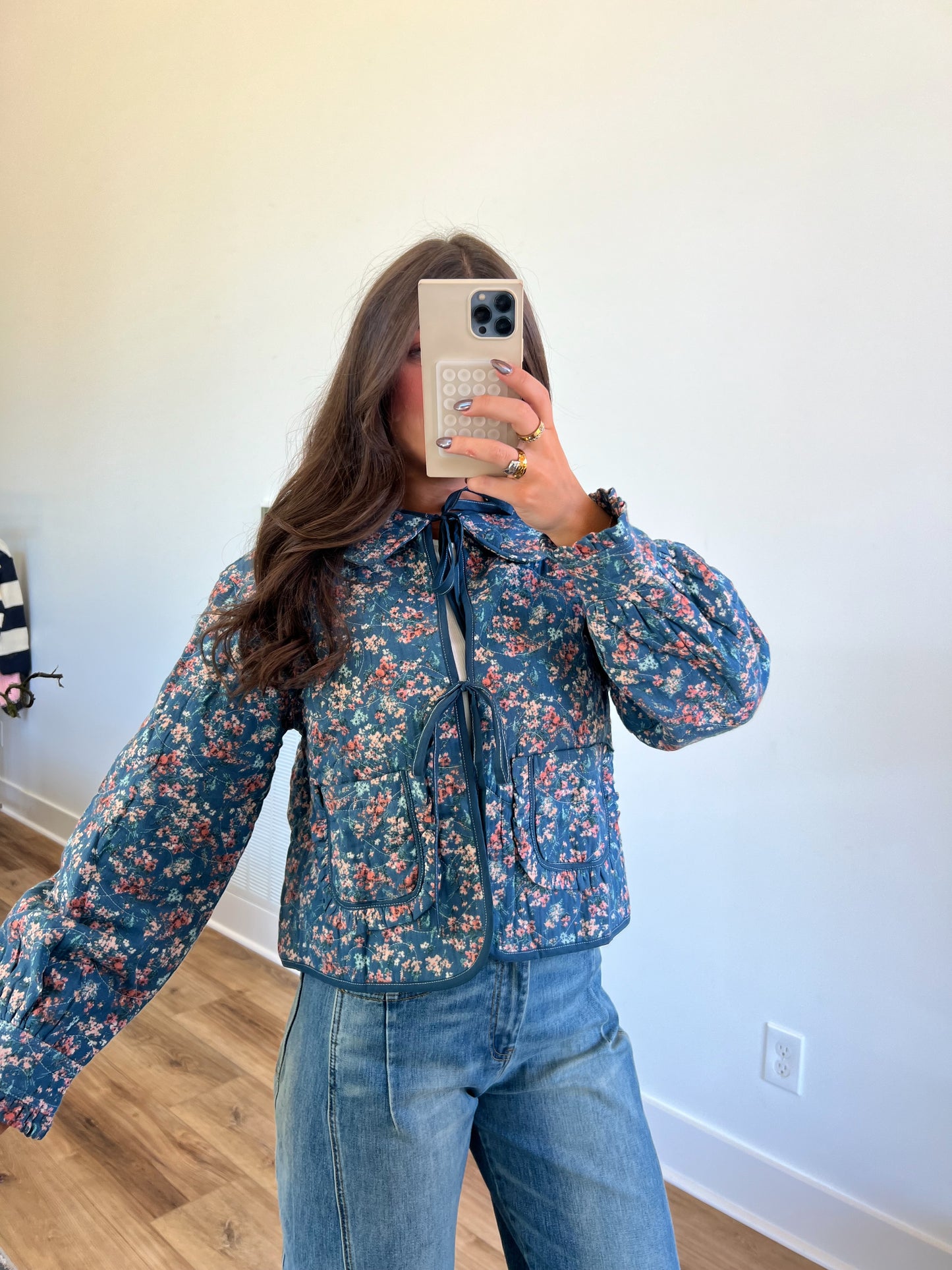 Floral Front Collar Heart Quilted Jacket