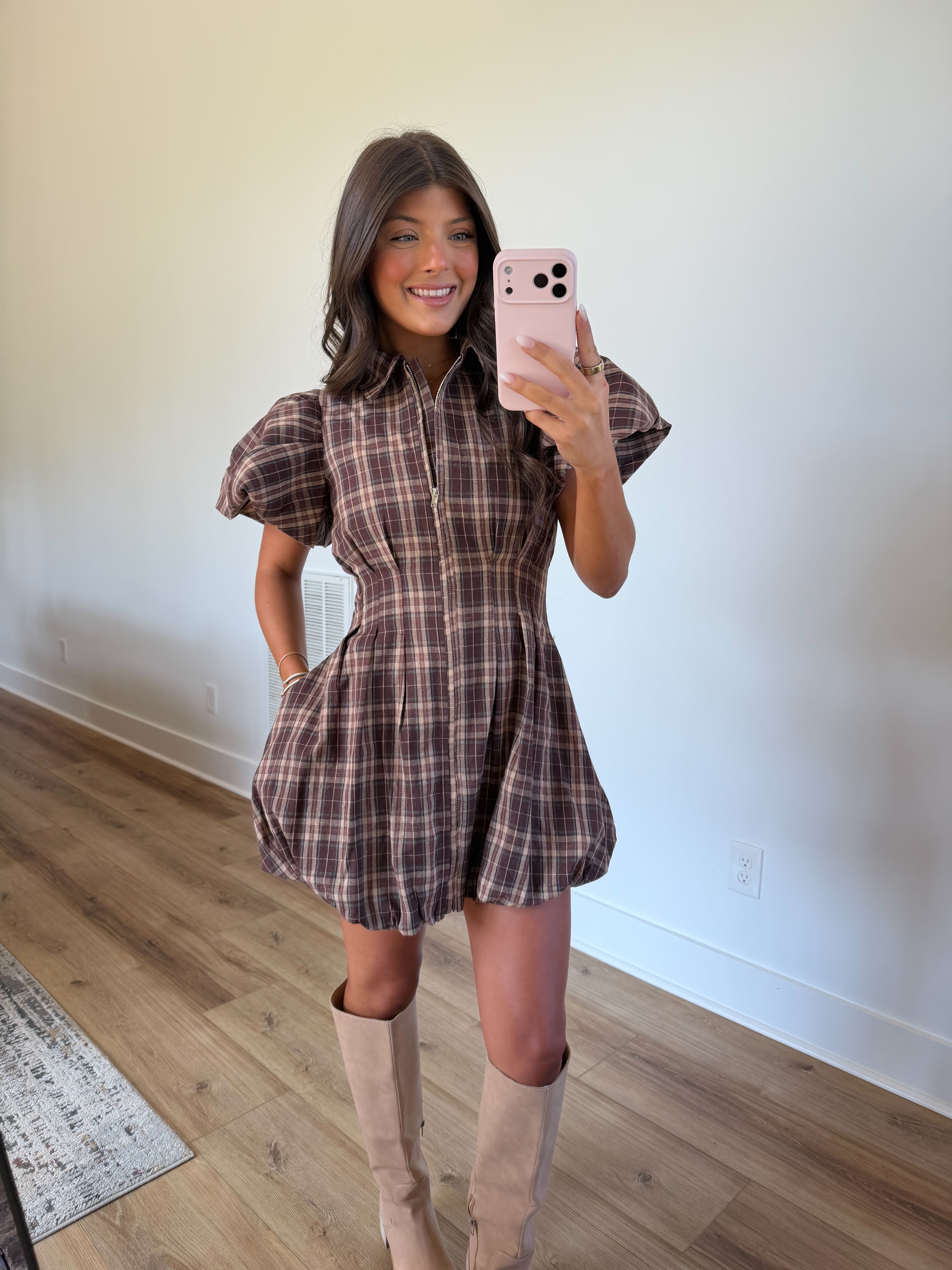 Puff & Plaid Mini Dress
