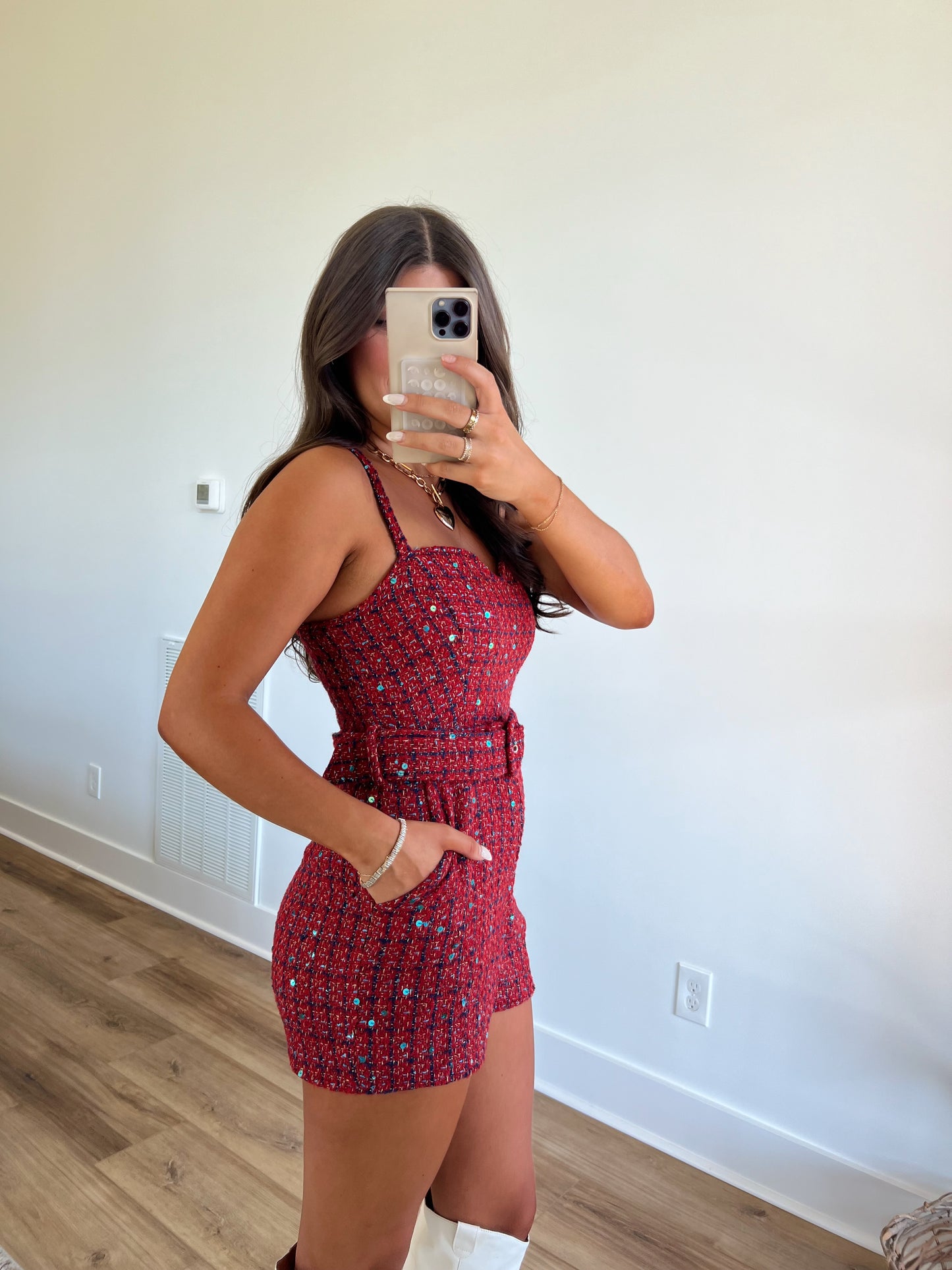 Red Sequin Plaid Romper