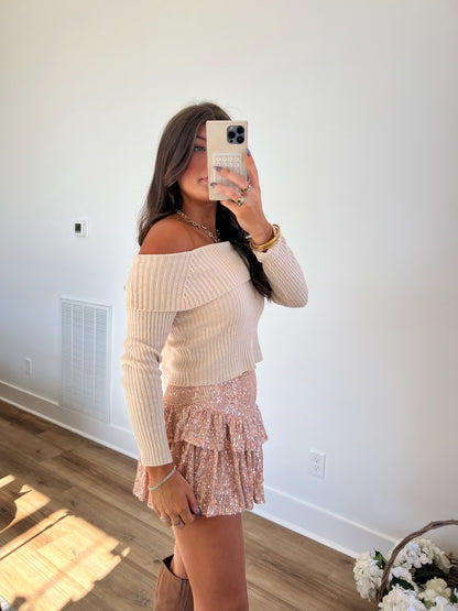 (Tan) Off The Shoulder Ribbed Bow Top