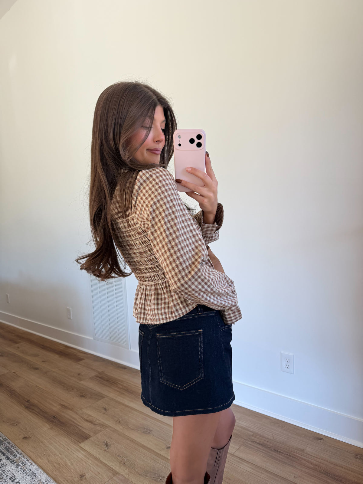 Brown Plaid Smocked Peplum Top