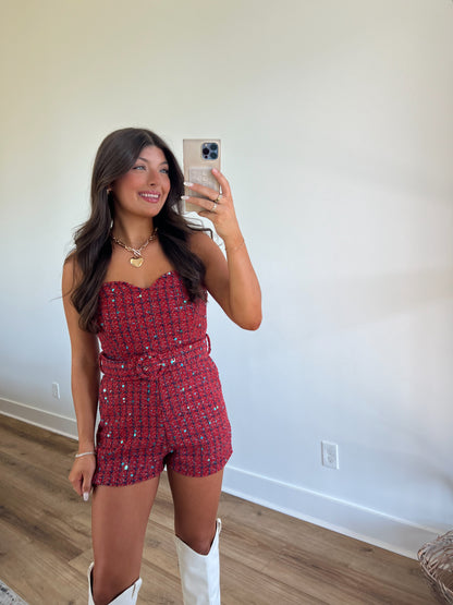 Red Sequin Plaid Romper