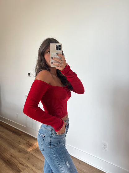 Red Knit Off The Shoulder Top