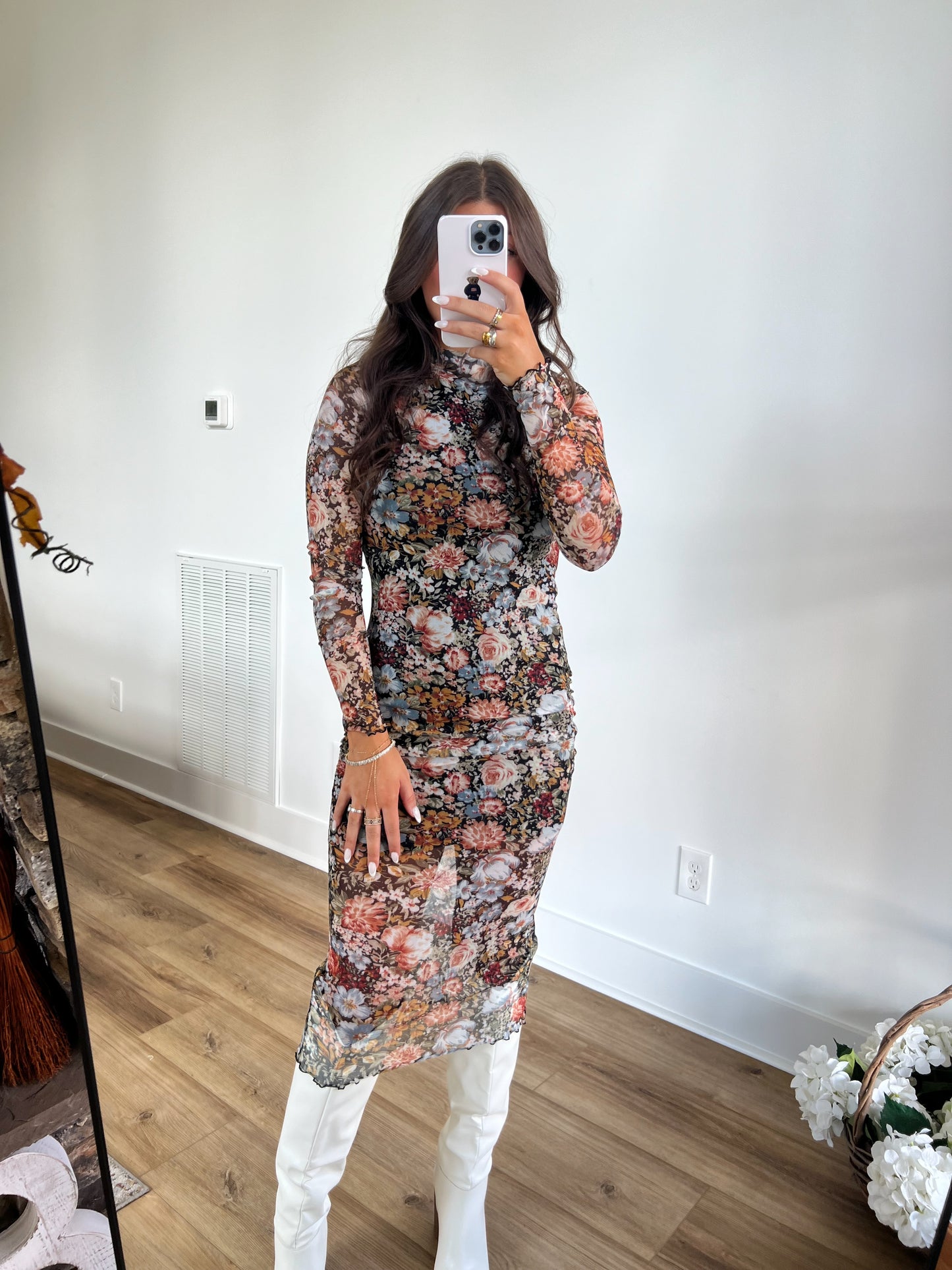 Floral Mesh Long Sleeve Midi Dress