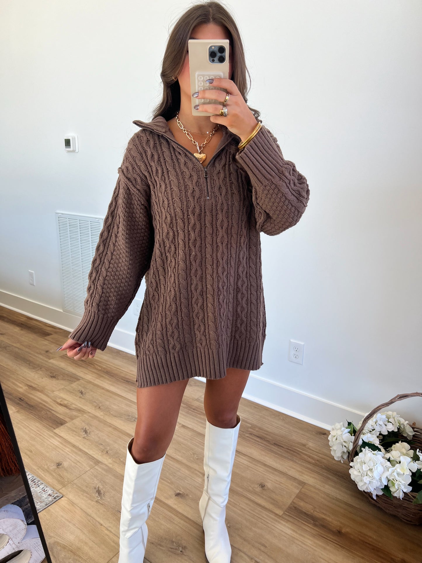 Brown Cable Knit Sweater Dress