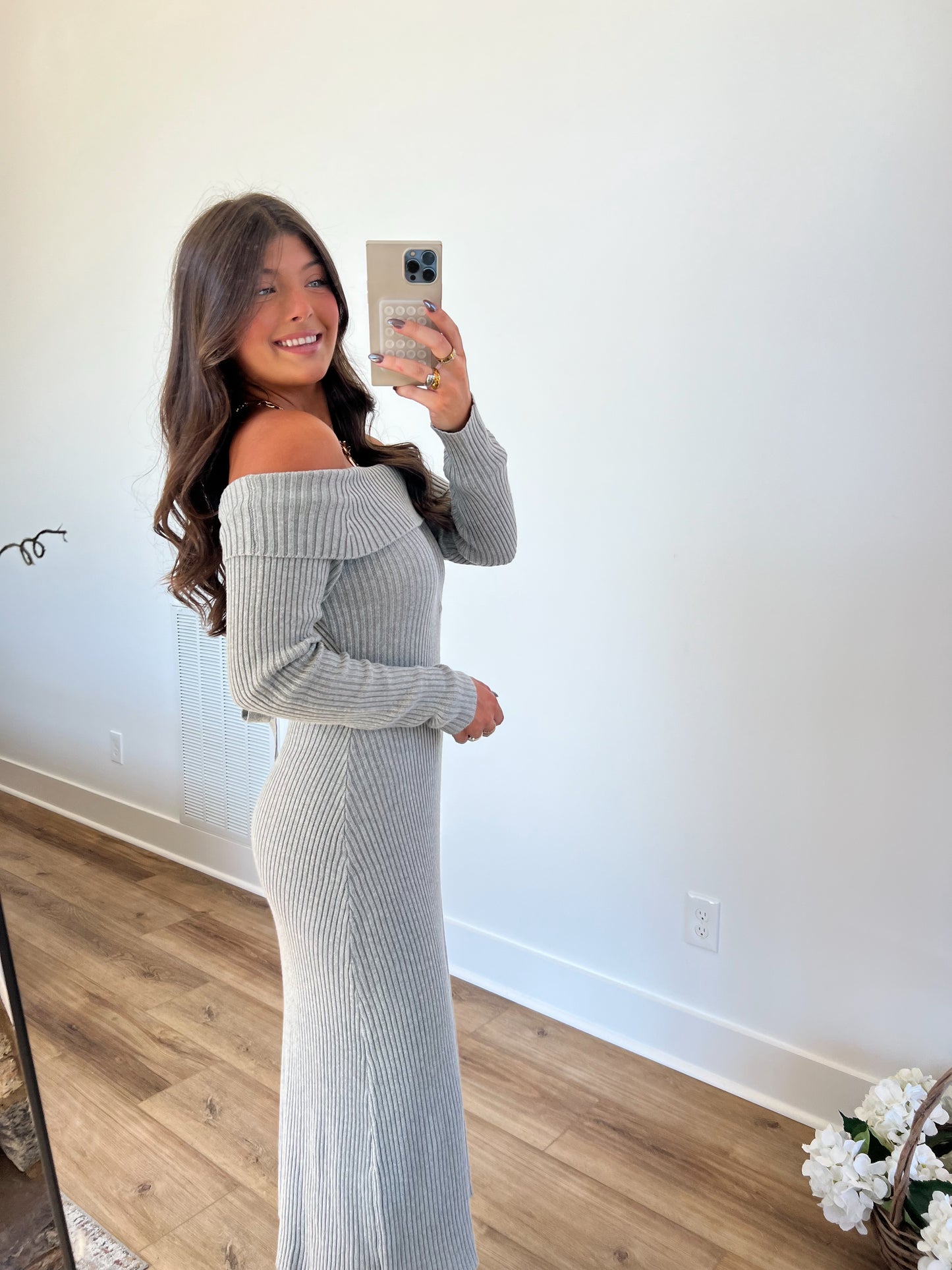 (Grey) Off The Shoulder Bow Dress