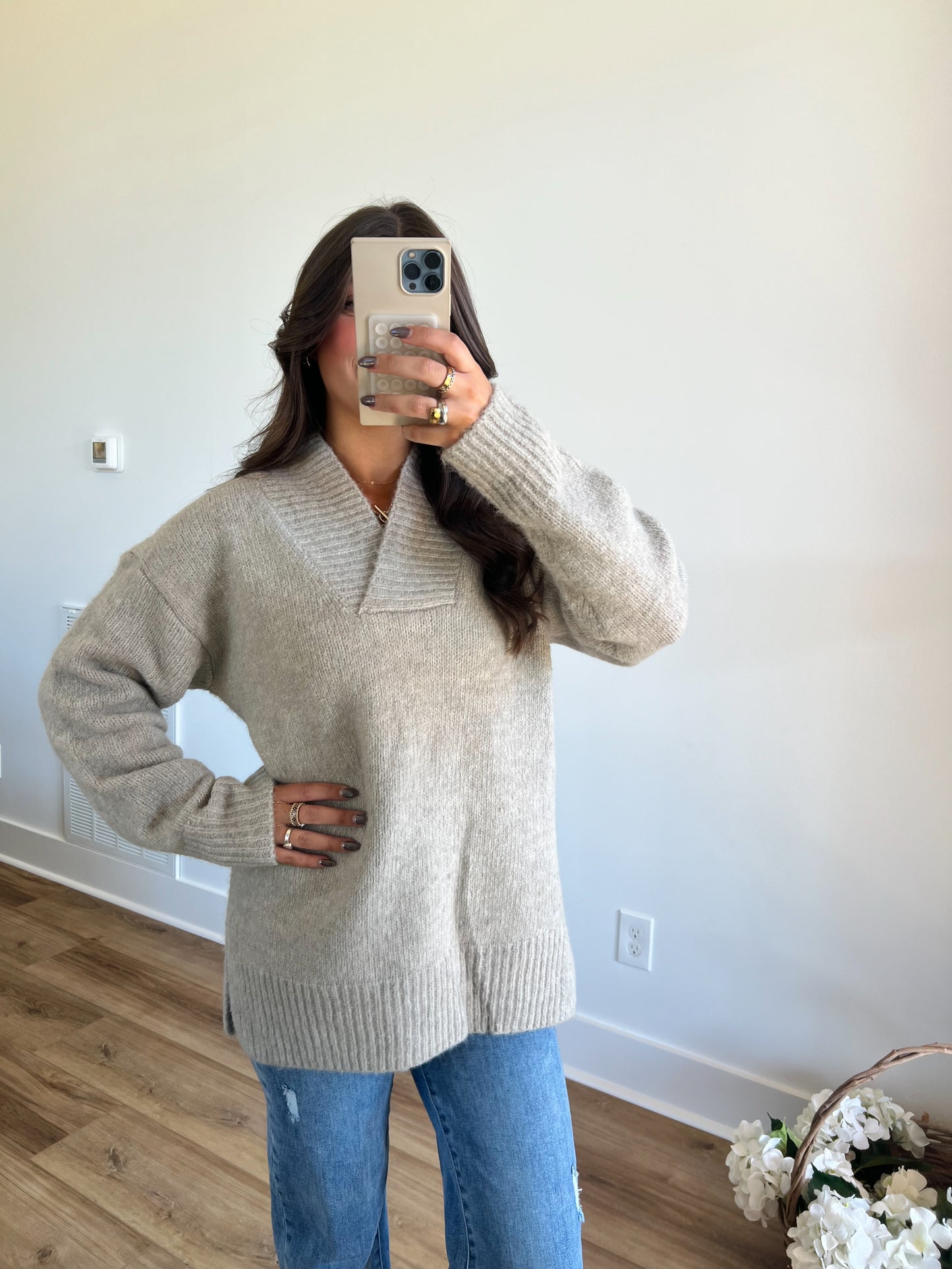 Oatmeal Slouchy V-Neck Sweater