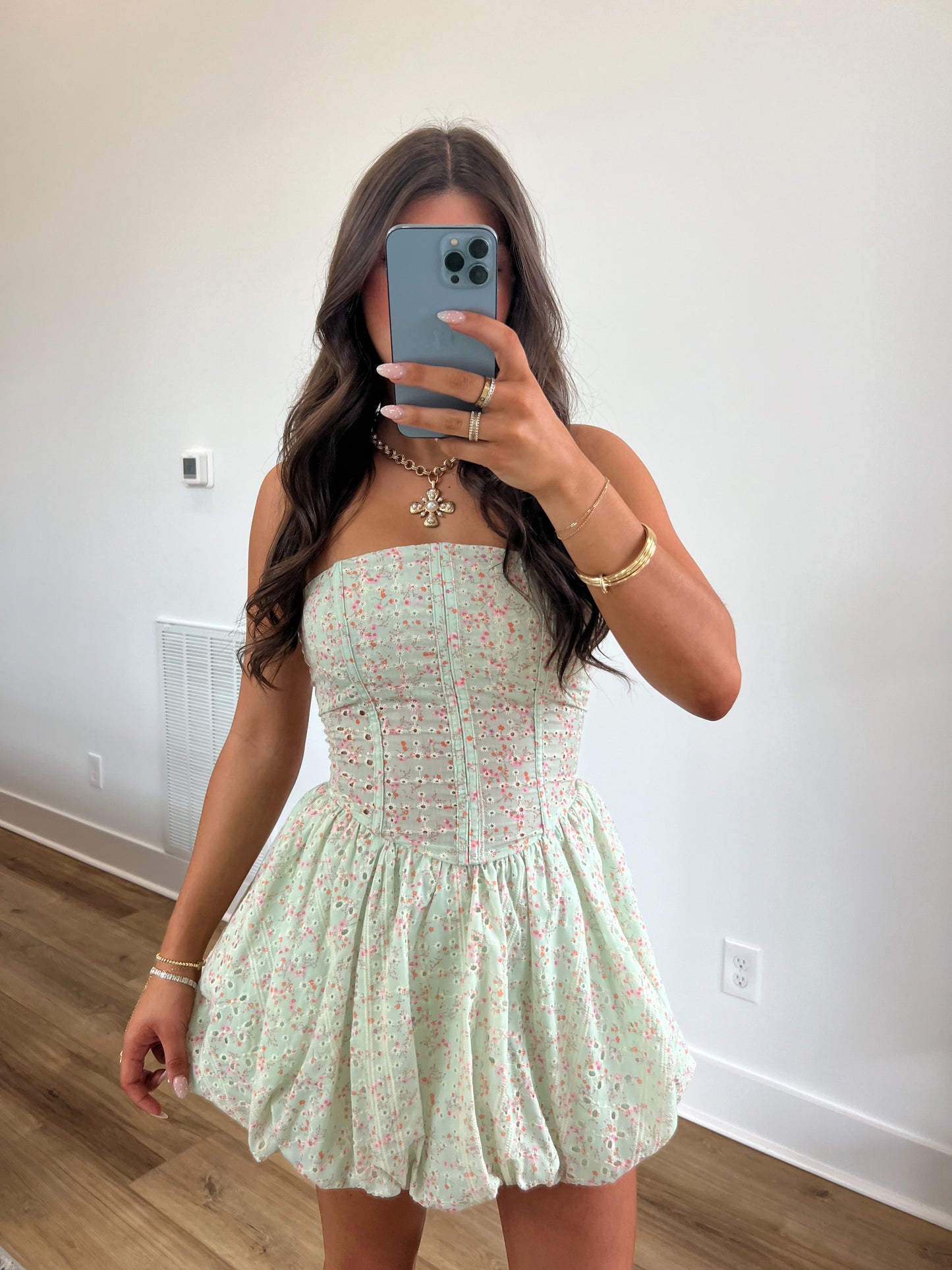 Sage Eyelet Floral Mini Dress