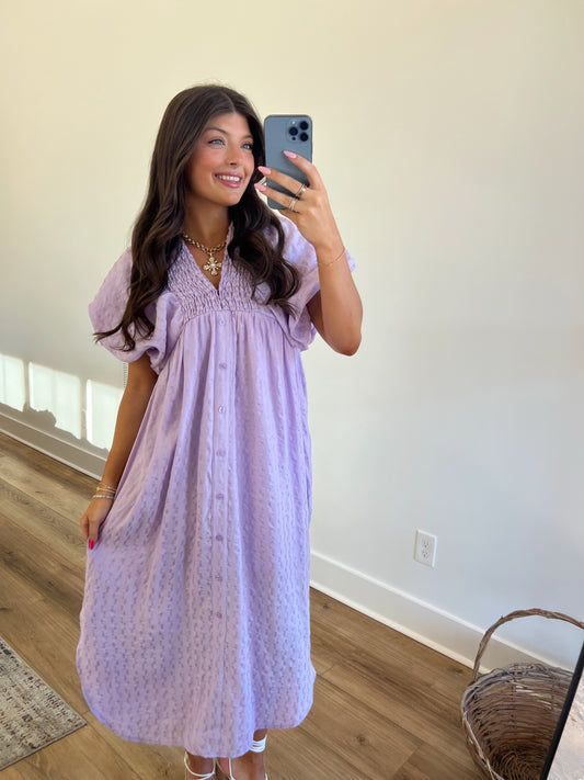 Lavender Puff Sleeve Midi Dress