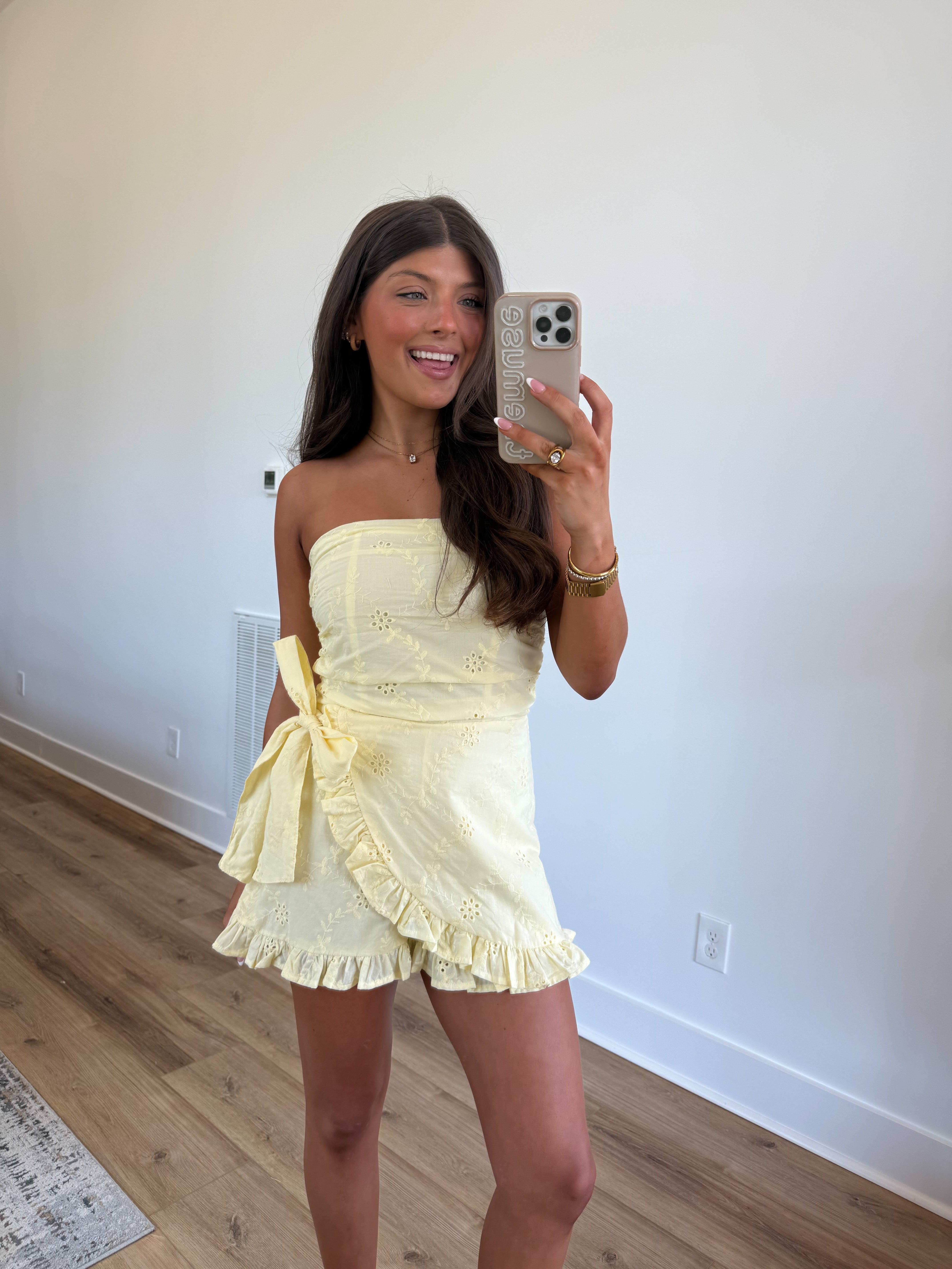 Yellow Eyelet Wrap Romper