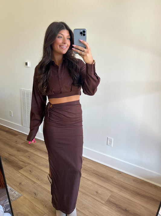 Brown Side Detail Maxi Skirt Set