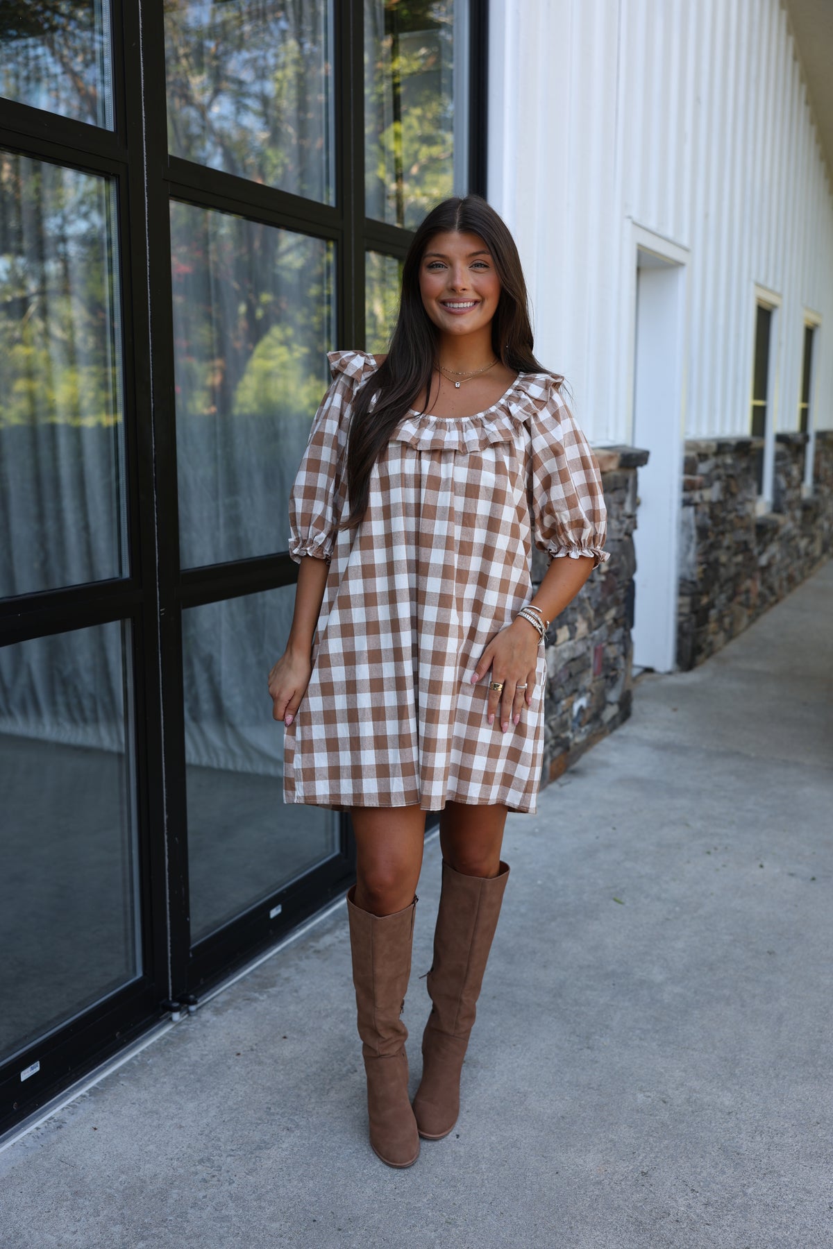 Cinnamon Cream Gingham Mini Dress
