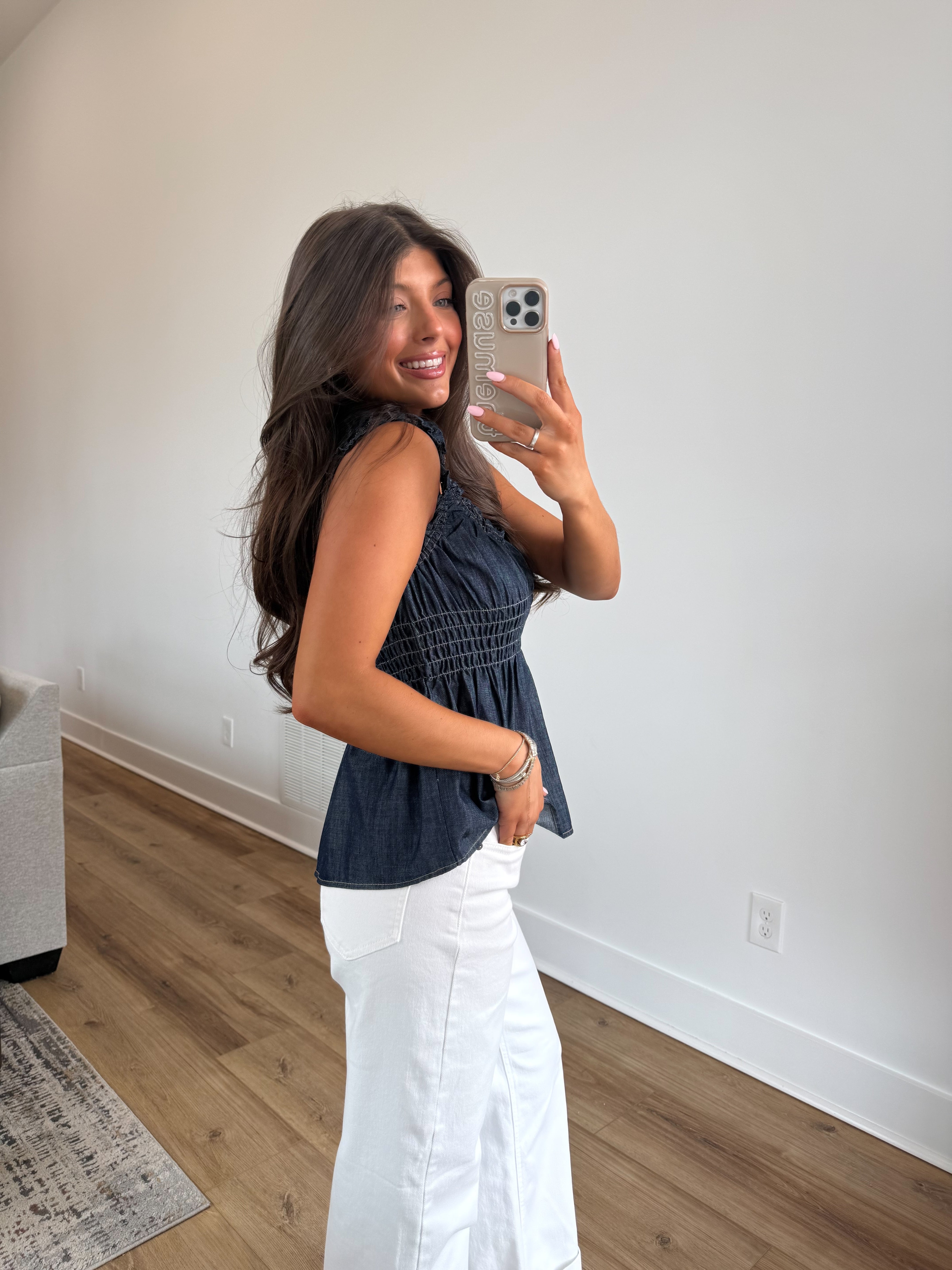 Denim Smocked Peplum Top