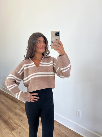 (Taupe/Ivory) Stripe Cropped Sweater