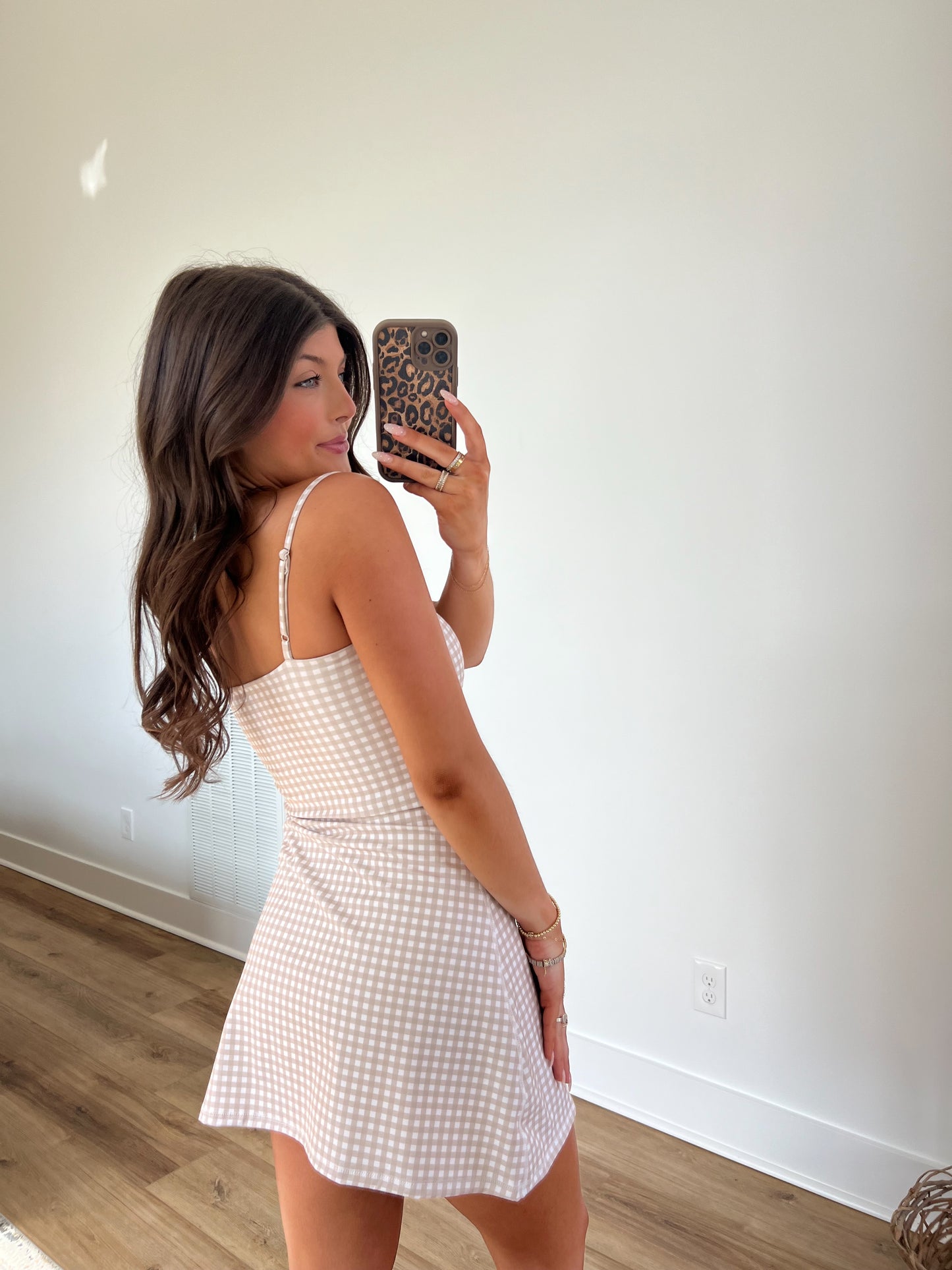 Beige Gingham Sweetheart Dress
