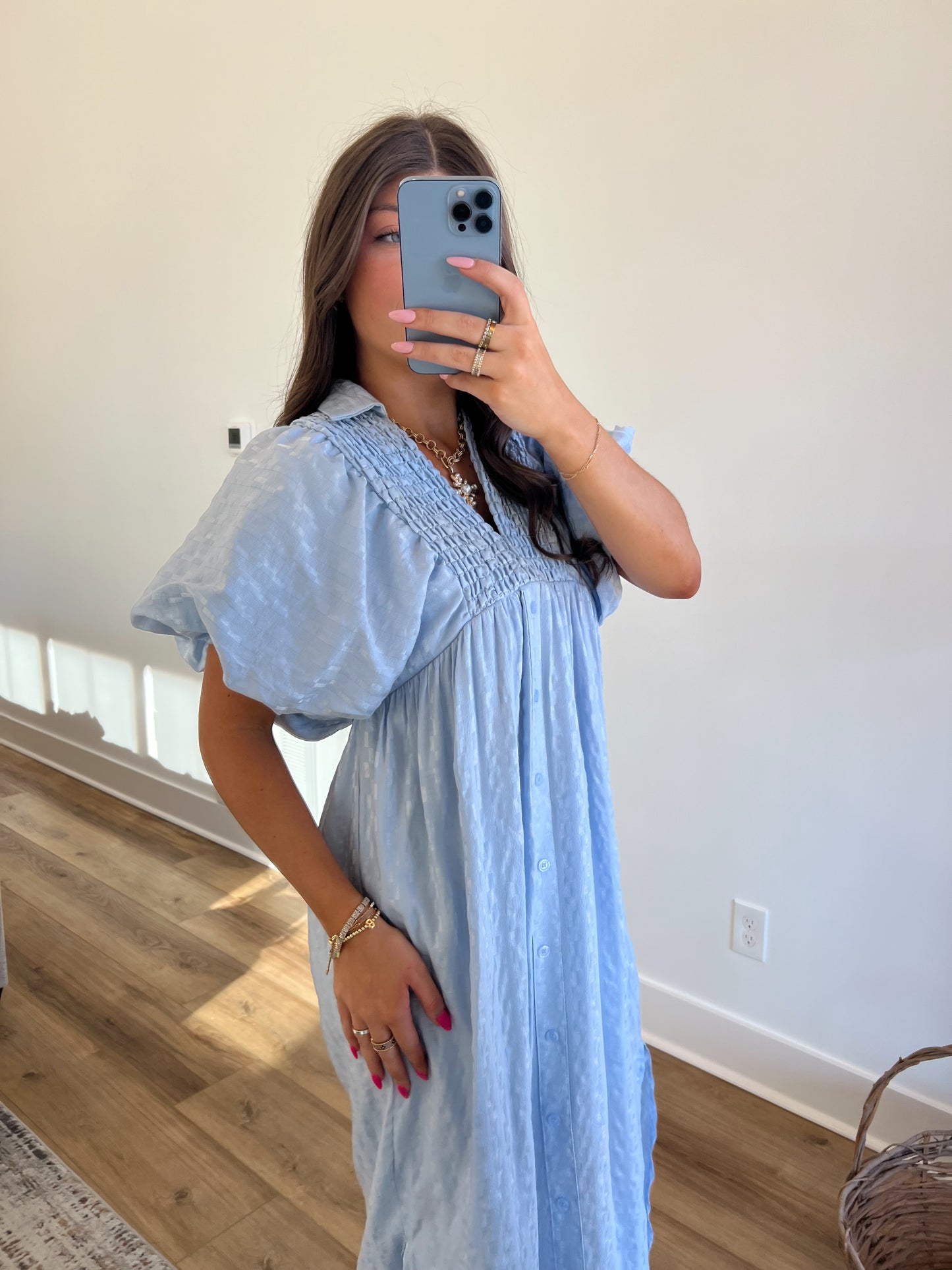 Baby Blue Puff Sleeve Midi Dress