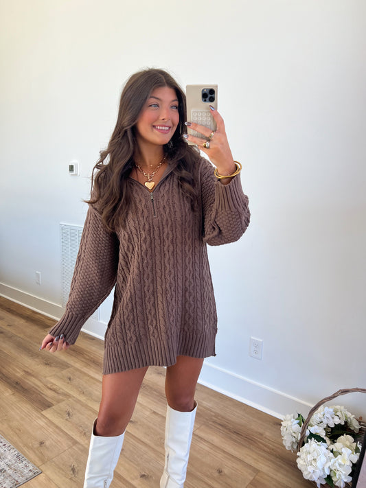 Brown Cable Knit Sweater Dress