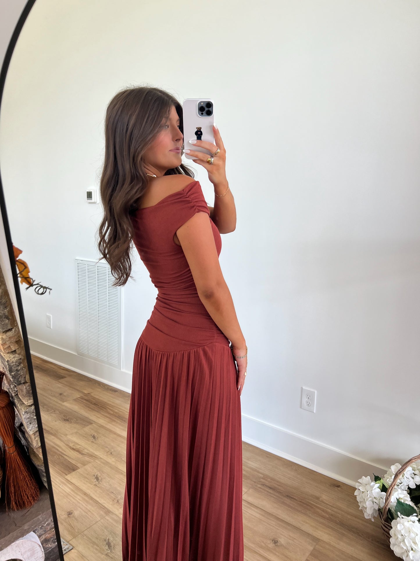 Brick Red One Shoulder Pleated Maxi Dress