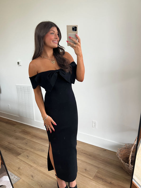 Black Bow Off The Shoulder Midi Dress