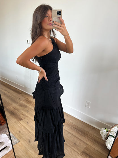 Black One Shoulder Tiered Maxi Dress