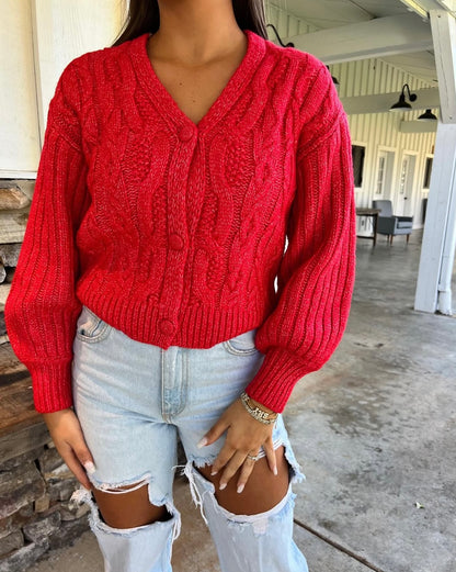 Red Cable Knit Cardigan