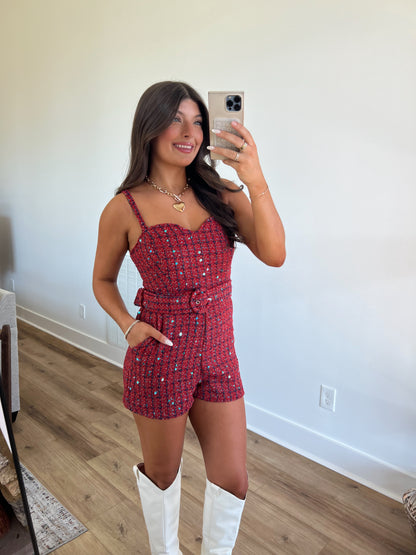 Red Sequin Plaid Romper