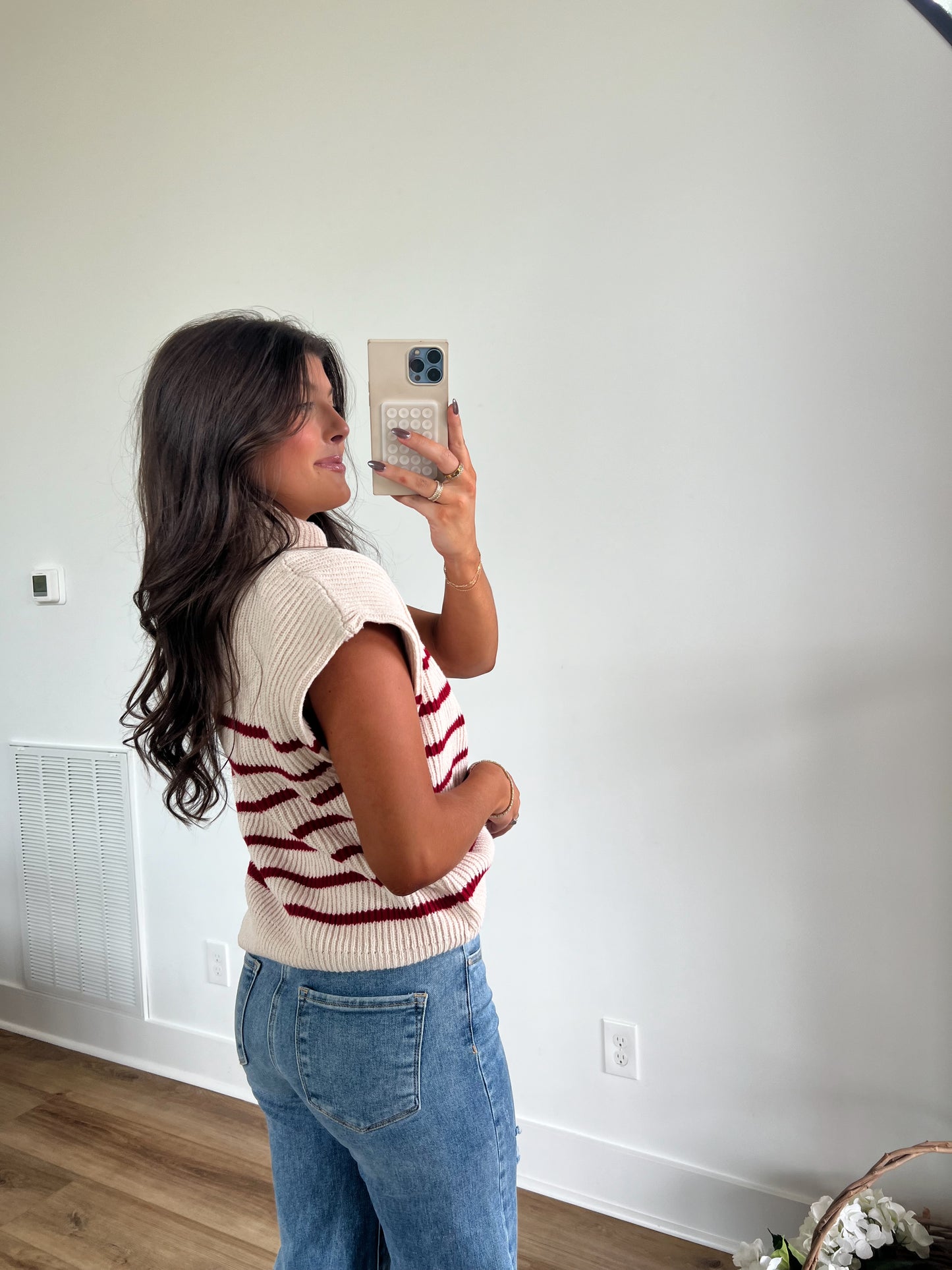 Power Shoulder Sweater Top (Red Stripe)