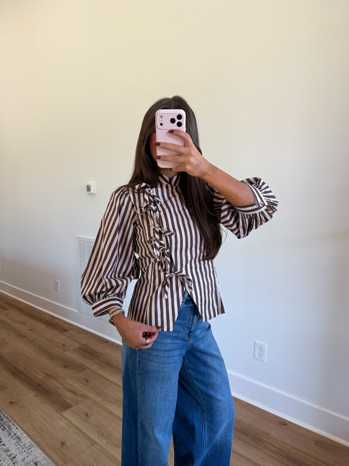 Striped Bow Front Blouse (Navy/Brown)