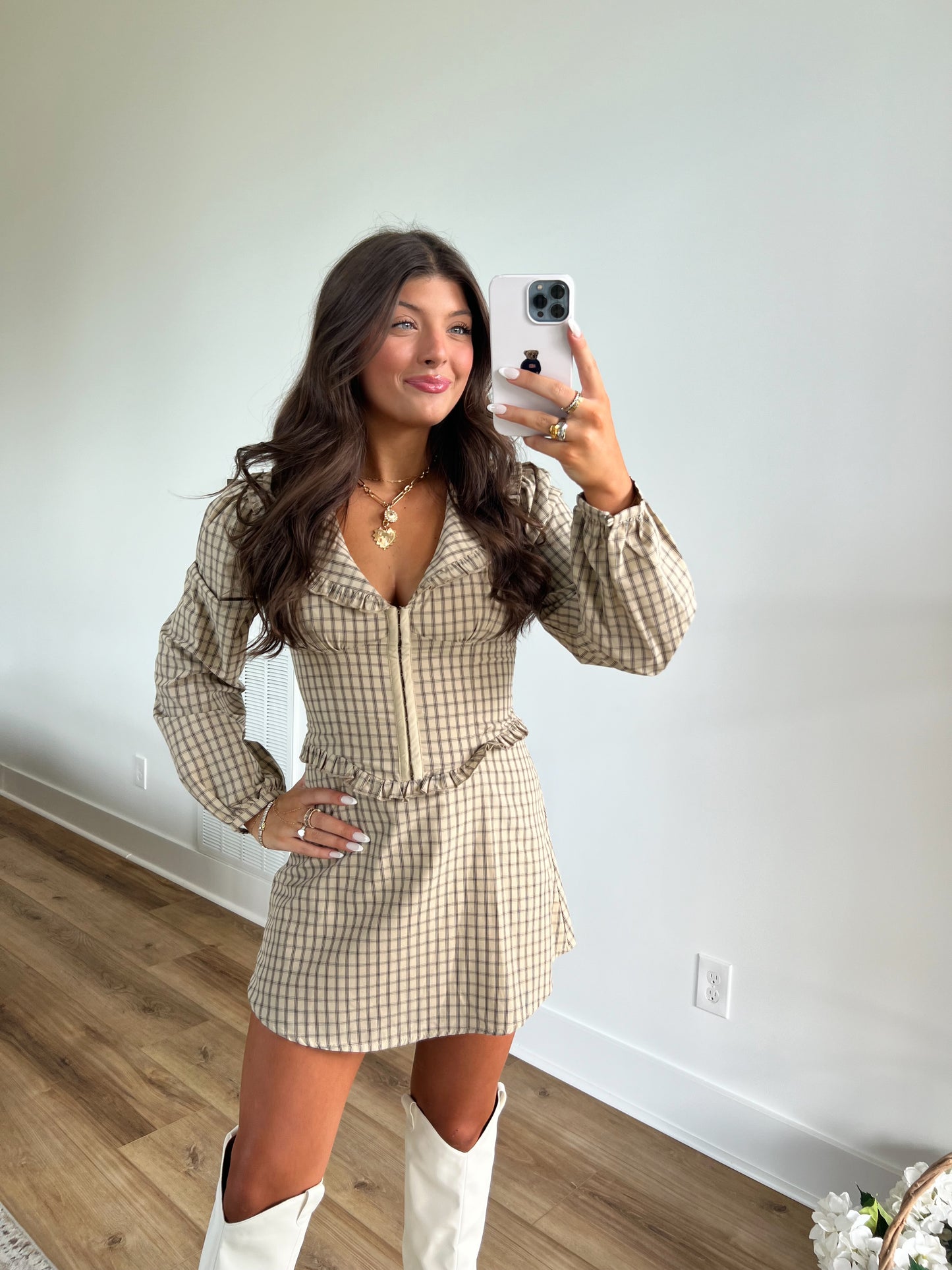 Gathering Plaid Collared Mini Dress